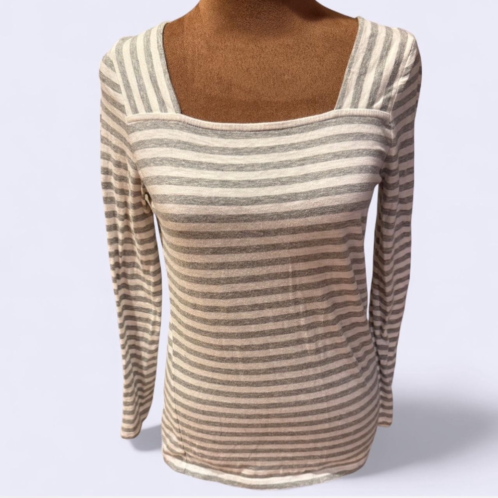 J. Crew Cream and Gray Striped Long Sleeve Square Neck Top